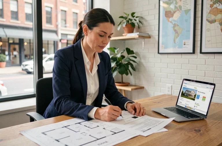 Femme consultant des documents immobiliers dans un bureau moderne avec plans architecturaux et ordinateur portable