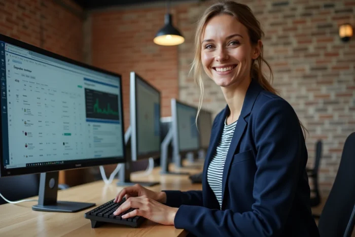 Femme professionnelle gérant une activité e-commerce sur un grand écran dans un espace de coworking moderne