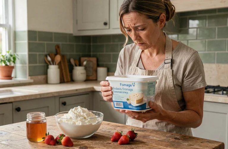 Femme examinant l'étiquette d'un pot de fromage blanc dans une cuisine rustique, évoquant les précautions de consommation
