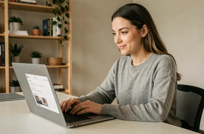 Femme suivant une formation professionnelle en ligne sur un ordinateur portable dans un bureau à domicile moderne et organisé