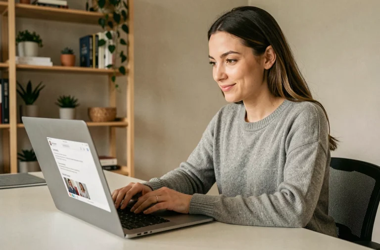 Femme suivant une formation professionnelle en ligne sur un ordinateur portable dans un bureau à domicile moderne et organisé