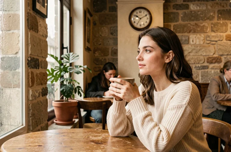 Jeune femme pensive dans un café parisien regardant une horloge affichant 15h05, évoquant la signification de l'heure miroir et les sentiments amoureux