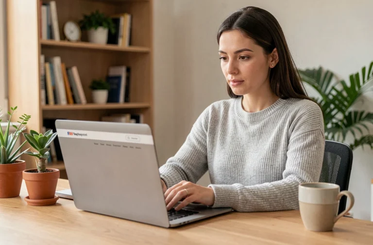 Femme consultant les actualités et nouveautés d'un blog sur son ordinateur portable dans un bureau moderne