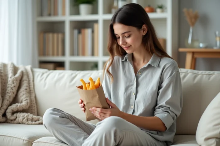 Femme lisant l'étiquette nutritionnelle d'un paquet de chips complètes lors d'une collation à la maison