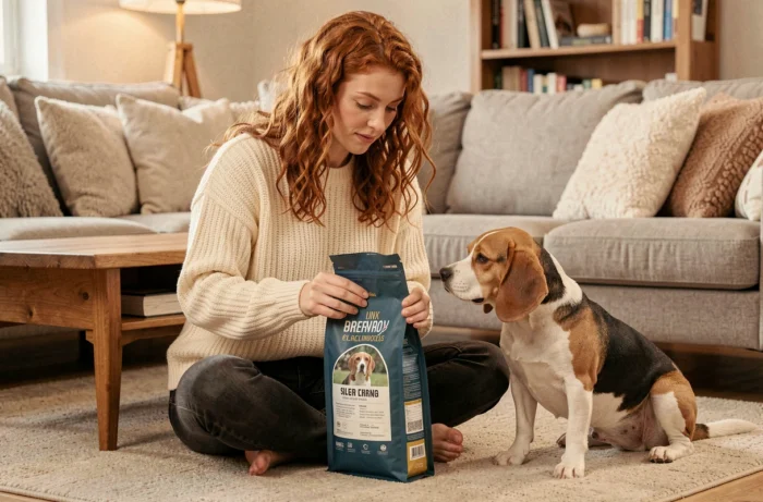 Femme lisant l'étiquette d'un sac de nourriture pour chien accompagnée de son beagle dans un salon cosy