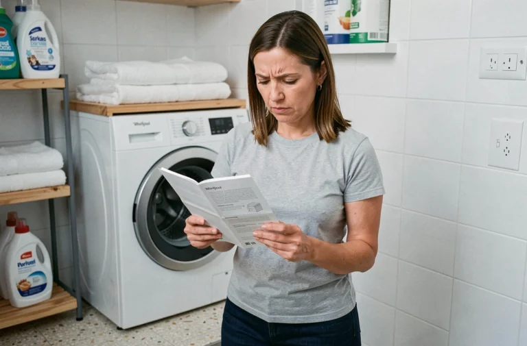 Femme lisant le mode d'emploi d'un lave-linge Whirlpool 6th Sense 9kg dans une buanderie moderne