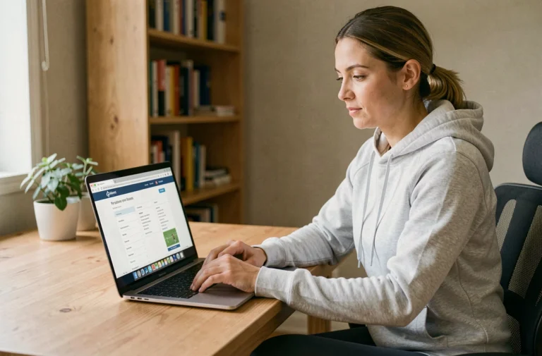 Femme consultant le plan du site d'un portail sportif sur un ordinateur portable dans un bureau à domicile