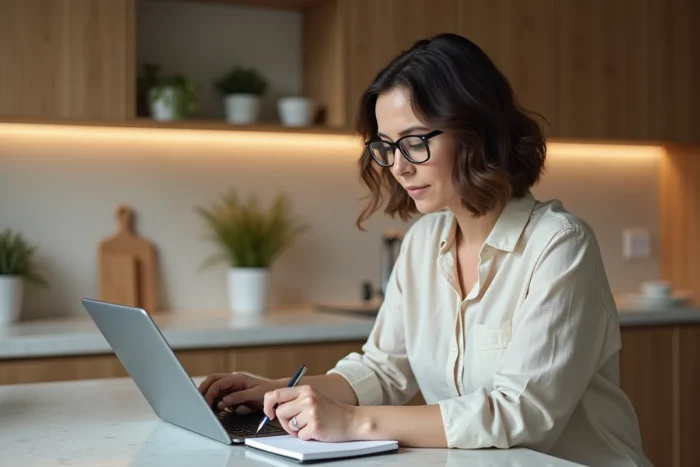 Femme consultant les rubriques d'un site immobilier sur une tablette dans sa cuisine