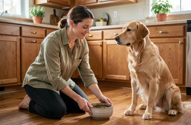 Femme nourrissant son chien golden retriever avec une gamelle de croquettes dans une cuisine chaleureuse