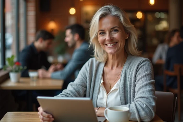 Femme explorant le plan du site d'un blog sur une tablette dans un café urbain