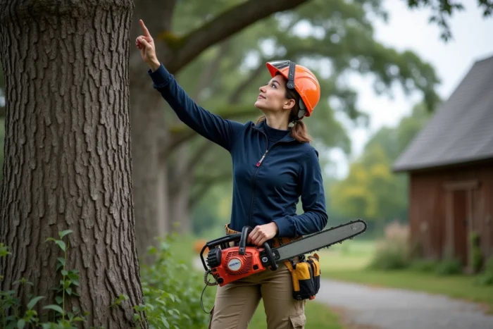 Femme professionnelle inspectant un grand chêne avant d'utiliser une élagueuse thermique en milieu rural