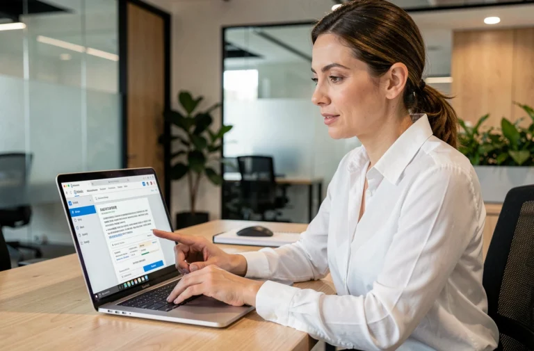 Professionnelle utilisant un outil de traduction en ligne sur ordinateur portable dans un bureau moderne