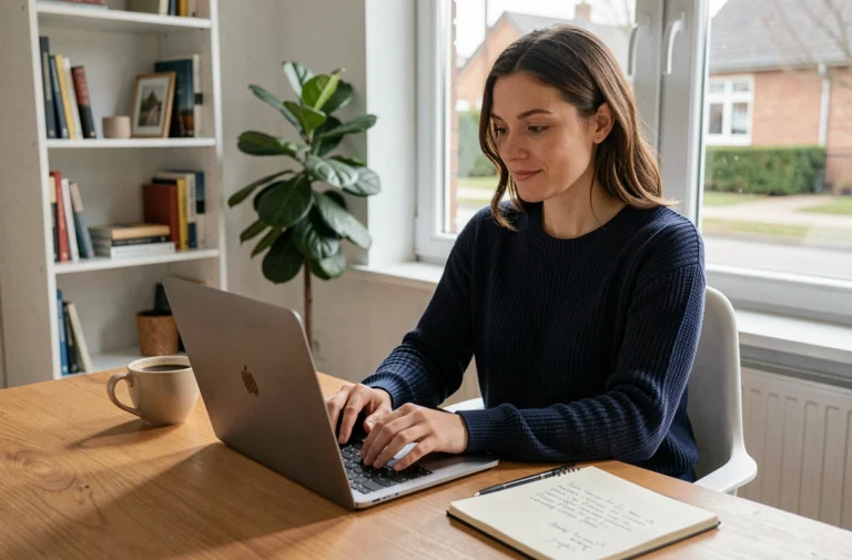 Femme cherchant des offres d'emploi sur un ordinateur portable dans un bureau à domicile moderne
