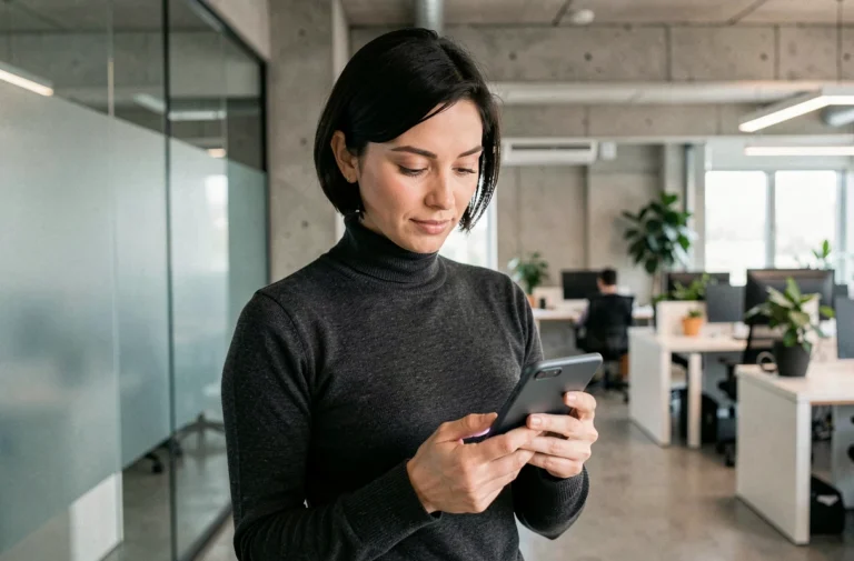 Femme tenant un smartphone pliable dans un bureau tech minimaliste, illustrant les tendances technologiques 2024
