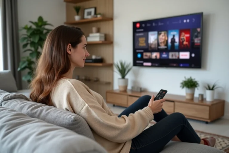 Femme regardant un site de streaming de films sur sa télévision depuis son canapé en 2024