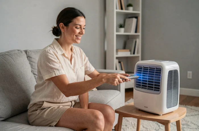 Femme utilisant la télécommande du rafraîchisseur d'air Klarstein Maxfresh dans un salon moderne