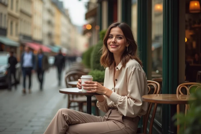 Jeune femme souriante attablée en terrasse de café parisien, tenant une tasse de café dans une atmosphère détendue