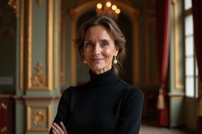 Femme élégante souriante dans le hall d'un théâtre parisien historique aux dorures et rideaux velours, en référence à la carrière artistique de Michèle Laroque