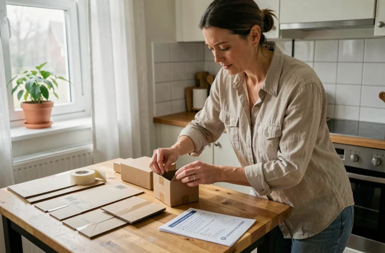 Femme travaillant à domicile en assemblant des boîtes d'emballage en carton sur une table de cuisine
