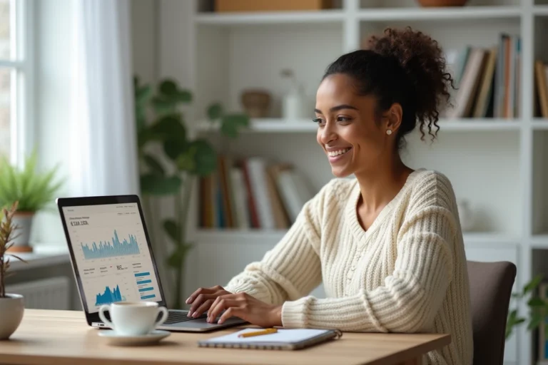 Femme travaillant sur un ordinateur portable depuis son bureau à domicile, consultant des graphiques de revenus en ligne
