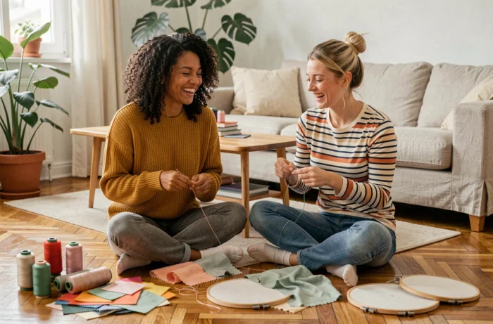 Deux femmes souriantes pratiquant la broderie et les loisirs créatifs ensemble dans un salon chaleureux et décoré