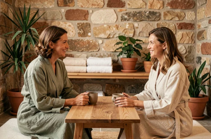 Deux femmes en robes de lin partagent une tisane dans un salon de relaxation de spa avec murs en pierre et plantes vertes