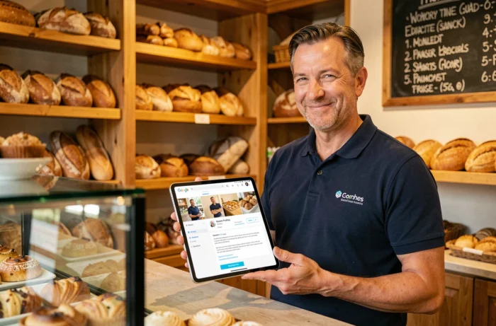 Un propriétaire de boulangerie artisanale tenant une tablette affichant sa fiche Google Business Profile complète