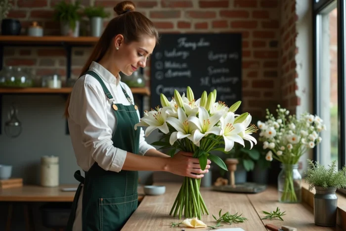 Fleuriste professionnelle arrangeant un bouquet de lys sans pistil dans une boutique de fleurs artisanale