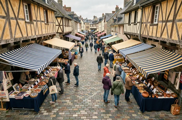 Vue panoramique d'une foire bretonne en plein air réunissant artisans et commerçants locaux sur une place historique de Bretagne