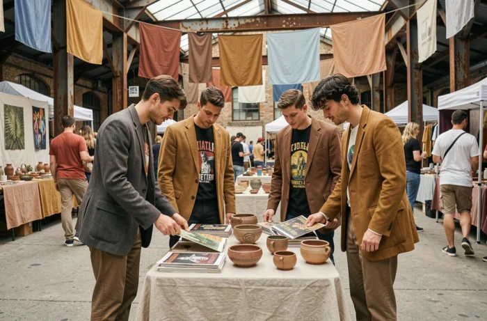 Groupe de jeunes adultes explorant des créations artistiques lors d'une foire culturelle contemporaine en plein air