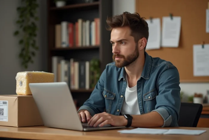 Homme remplissant un formulaire de réclamation UPS en ligne face à un colis endommagé sur son bureau à domicile