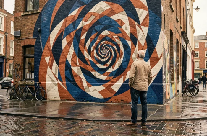 Homme admirant une fresque murale urbaine géante représentant des spirales cinétiques créant une illusion d'optique en mouvement