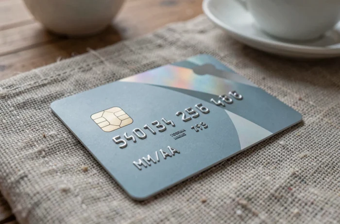 Gros plan sur la date d'expiration MM/AA d'une carte bancaire posée sur tissu