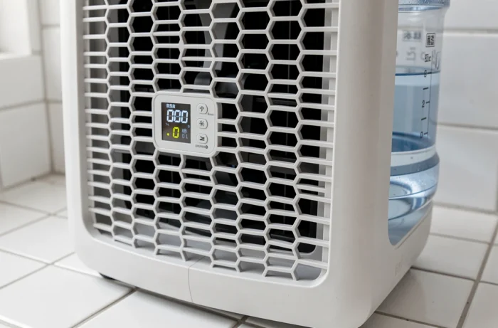 Gros plan sur la grille et le panneau de commande du rafraîchisseur d'air Klarstein Maxfresh avec affichage LED