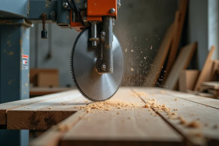 Gros plan sur la lame et le mécanisme de coupe d'une scie radiale avec des copeaux de bois sur l'établi