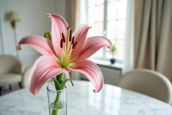 Gros plan sur le pistil et les étamines chargées de pollen d'un lys rose Oriental dans un vase en cristal