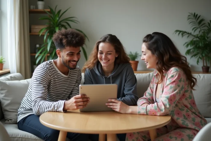 Groupe de jeunes adultes découvrant ensemble les services de la plateforme Jeune et Actif autour d'une tablette dans un appartement moderne
