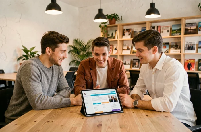 Groupe de jeunes professionnels discutant des dernières tendances autour d'une tablette dans un espace de coworking