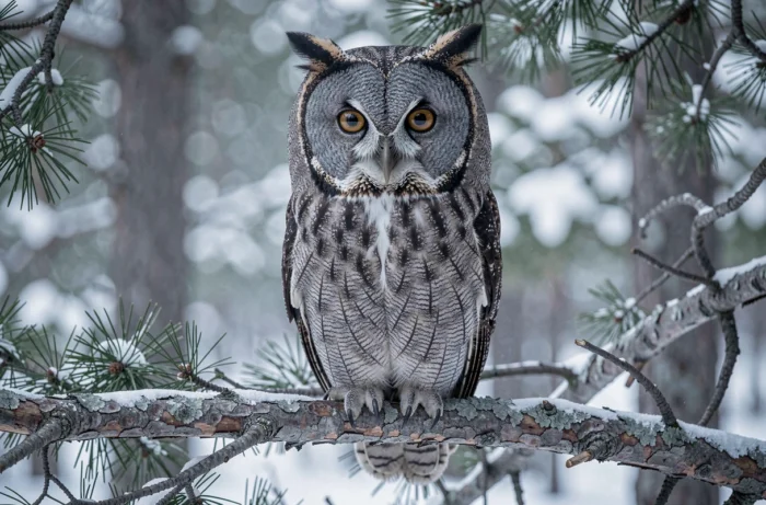 Grand-duc lappon perché sur une branche de pin enneigée dans une forêt boréale, regardant directement l'objectif avec ses yeux ambrés