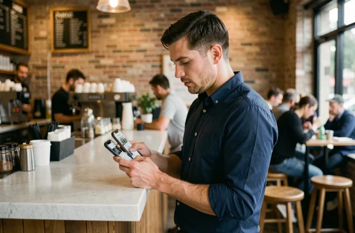 Homme consultant les nouveautés d'un blog sur son smartphone dans un café contemporain
