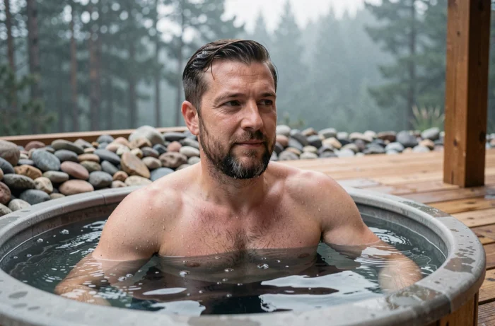 Homme barbu plongé dans un bain froid extérieur entouré de pierres naturelles et de bois dans un spa bien-être