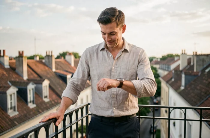 Homme contemplatif sur un balcon urbain regardant sa montre affichée à 15h05, symbolisant la réflexion sur l'heure miroir et la vie sentimentale