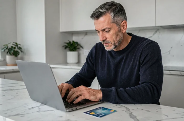 Homme consultant sa carte bancaire et son ordinateur pour vérifier le code MM/AA