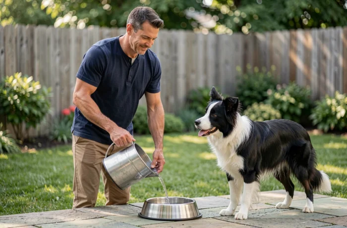 Homme versant de l'eau fraîche dans la gamelle de son border collie dans un jardin extérieur