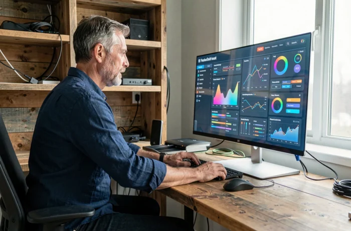 Homme utilisant un écran OLED transparent avec interface IA dans un bureau à domicile moderne, tendances tech 2024