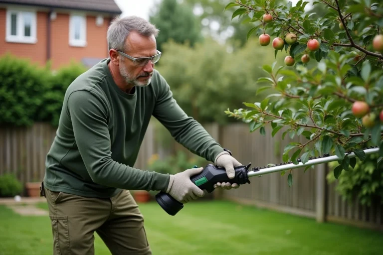 Homme utilisant une élagueuse à perche sans fil pour tailler un pommier dans un jardin de banlieue