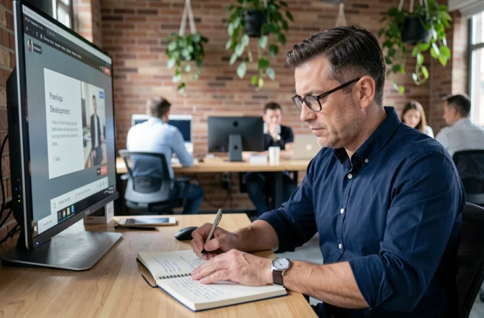 Homme en cours de formation professionnelle en ligne dans un espace de coworking moderne prenant des notes manuscrites