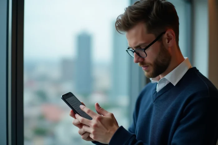 Homme parcourant le plan de navigation d'un blog sur son smartphone près d'une fenêtre moderne