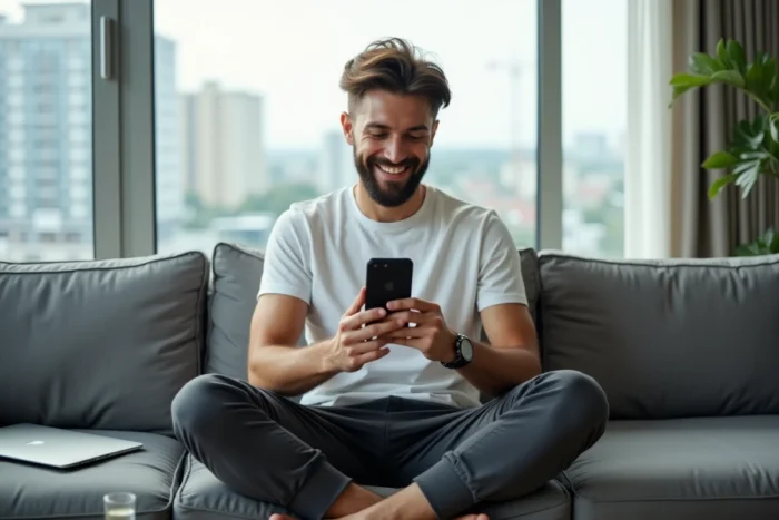 Jeune homme recevant une notification de paiement sur son smartphone dans un salon moderne, illustrant les revenus freelance en ligne