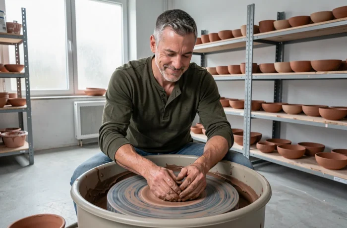 Homme adulte travaillant l'argile sur un tour de poterie dans un atelier de céramique artisanal